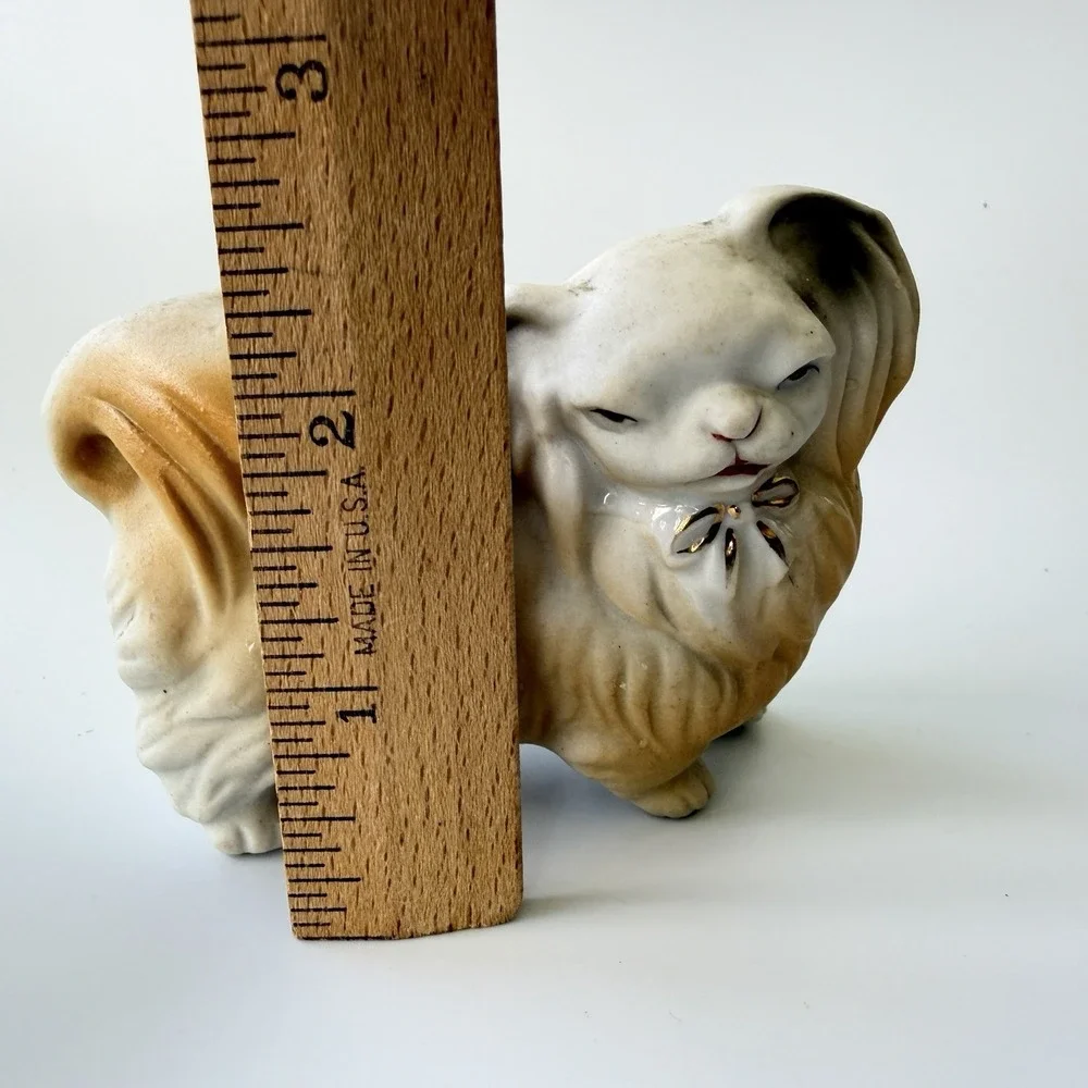 Vintage Orion Japan Ceramic Pekingese Dog Figurine Gold Bow Long Hair Puppy 3.5